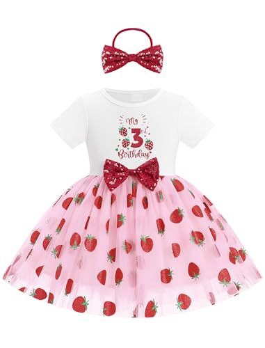 FYMNSI 3 Geburtstagkleid M�dchen Kinder 3. Geburtstag Outfit Erdbeere T�t�rock Kurzarm T�ll Prinzessin Partykleid Festliches Festkleid Taufkleid Sommerkleid mit Stirnband Fotoshooting Rosa 3 Jahre von FYMNSI