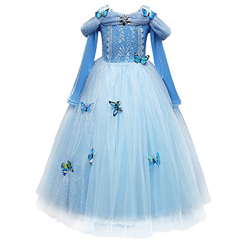 FYMNSI Aschenputtel Kleid Kinder Märchen Prinzessin Kostüm Mädchen Cinderella Schmetterling Tüll Maxikleid Halloween Cosplay Karneval Fasching Weihnachten Prinzessinnenkleid Langarm Blau 3-4 Jahre von FYMNSI