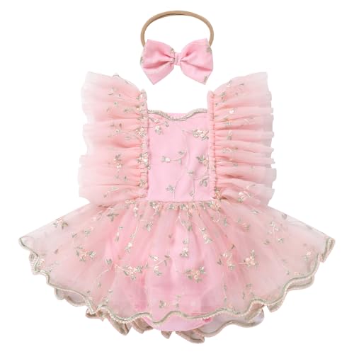 FYMNSI Baby 1. Geburtstag M�dchen Outfit, Blumen Stickerei Bodykleid T�ll T�t� Prinzessin 1 Jahr Partykleid Festkleid Taufkleid mit Strinband Neugeborenes Fotoshooting Kleidung Hellrosa 6-9 Monate von FYMNSI