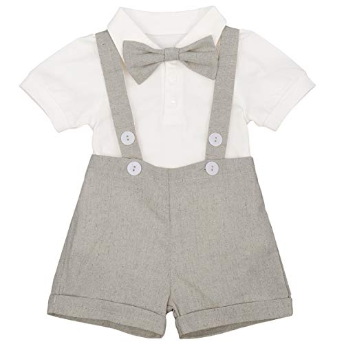 FYMNSI Baby Junge Taufe Outfit Kurzarm Strampler Shirt + Hosenträger Leinenhose + Fliege 3 Stück formeller Anzug Kleinkind Kinder Gentleman Smoking Hochzeit Geburtstag Party 0-24M, grau, 6-12 Monate von FYMNSI