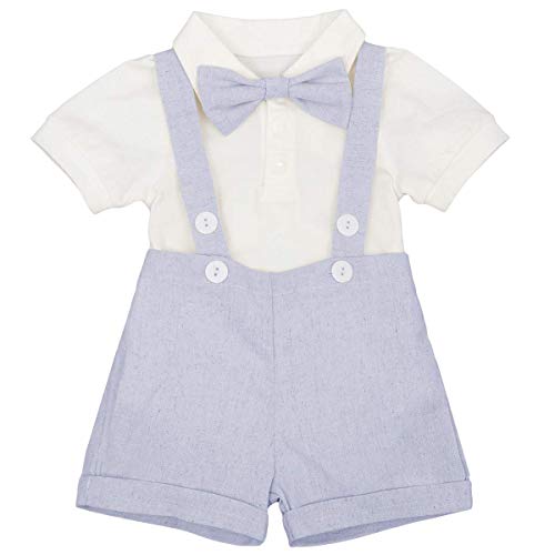 FYMNSI Baby Junge Taufe Outfit Kurzarm Strampler Shirt + Hosenträger Leinenhose + Fliege 3 Stück formeller Anzug Kleinkind Kinder Gentleman Smoking Hochzeit Geburtstag Party 0-24M, hellblau, 92 von FYMNSI