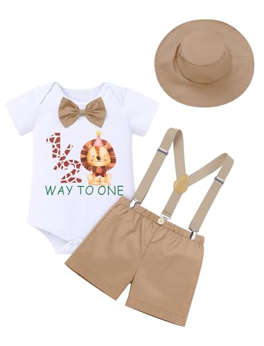 FYMNSI Baby Jungen 1/2 Halber Geburtstag Outfit Kleinkinder Dschungel 6 Monate Party Safari Wald Fotoshooting Kurzarm Strampler Body Y-Rücken Hosenträger Shorts Hut Bekleidungsset Khaki 6-9M von FYMNSI