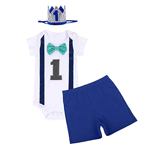 FYMNSI Baby Jungen 1 Jahr Geburtstag Outfit Erster Party Babykleidung Baumwolle Gentleman Fliege Kurzarm Body Strampler Shorts Kurzes Hose Krone Stirnband 3tlg Set Fotoshooting Kostüm Königsblau 04 von FYMNSI