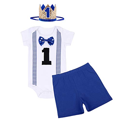 FYMNSI Baby Jungen 1 Jahr Geburtstag Outfit Erster Party Babykleidung Baumwolle Gentleman Fliege Kurzarm Body Strampler Shorts Kurzes Hose Krone Stirnband 3tlg Set Fotoshooting Kostüm Königsblau 05 von FYMNSI