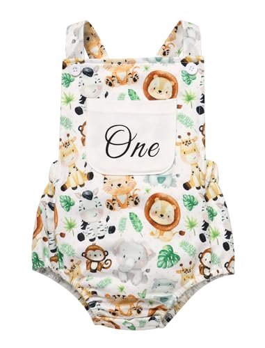 FYMNSI Baby Jungen 1. Erster Geburtstag Outfit Jungen Dschungel Tier Druck Strampler Ein 1 Jahr alt Party Fotoshooting Knopf Tr�ger Body L�tzchen Overall Jumpsuit Playsuit Sommer Braun 12-18 Monate von FYMNSI