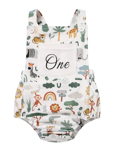 FYMNSI Baby Jungen 1. Erster Geburtstag Outfit Jungen Dschungel Tier Druck Strampler Ein 1 Jahr alt Party Fotoshooting Knopf Tr�ger Body L�tzchen Overall Jumpsuit Playsuit Sommer Wei� 12-18 Monate von FYMNSI