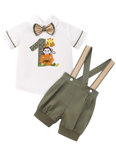 FYMNSI Baby Jungen 1. Erster Geburtstag Outfit Kleinkind Dschungel 1 Jahr Party Safari Wald Fotoshooting Kurzarm T-shirt Top Hemd Tier Bedruckt Hosenträger Shorts Bekleidungsset Armeegrün 9-12M von FYMNSI