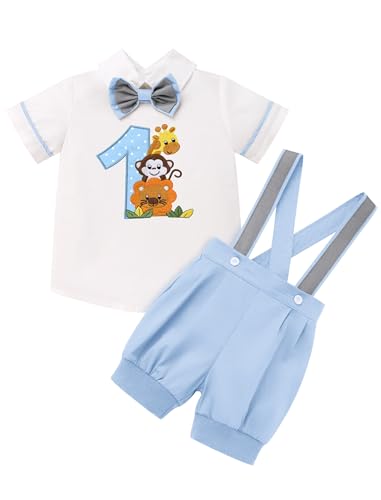 FYMNSI Baby Jungen 1. Erster Geburtstag Outfit Kleinkind Dschungel 1 Jahr Party Safari Wald Fotoshooting Kurzarm T-shirt Top Hemd Tier Bedruckt Hosenträger Shorts Bekleidungsset Blau 12-18 Monate von FYMNSI