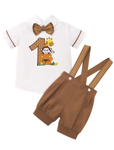 FYMNSI Baby Jungen 1. Erster Geburtstag Outfit Kleinkind Dschungel 1 Jahr Party Safari Wald Fotoshooting Kurzarm T-shirt Top Hemd Tier Bedruckt Hosenträger Shorts Bekleidungsset Braun 9-12 Monate von FYMNSI