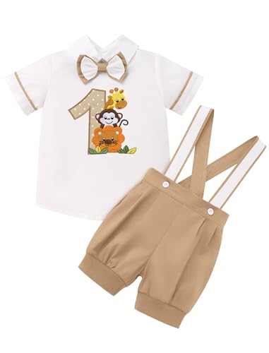 FYMNSI Baby Jungen 1. Erster Geburtstag Outfit Kleinkind Dschungel 1 Jahr Party Safari Wald Fotoshooting Kurzarm T-shirt Top Hemd Tier Bedruckt Hosenträger Shorts Bekleidungsset Khaki 12-18 Monate von FYMNSI