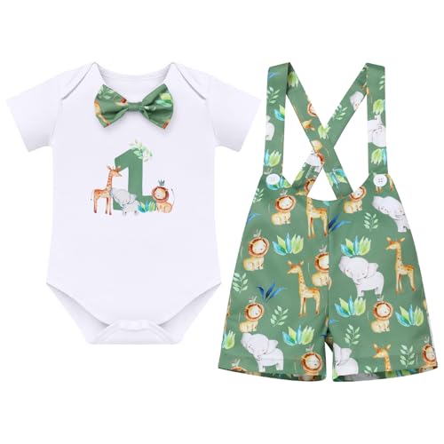FYMNSI Baby Jungen 1. Erster Geburtstag Outfit Kleinkinder Dschungel 1 Jahr Party Safari Wald Fotoshooting Kurzarm Body Strampler Tier Bedruckt Hosentr�ger Shorts Bekleidungsset Gr�n 9-12 Monate von FYMNSI