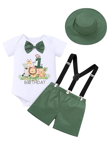 FYMNSI Baby Jungen 1. Erster Geburtstag Outfit Kleinkinder Dschungel 1 Jahr Party Safari Wald Fotoshooting Kurzarm Strampler Body Y-R�cken Hosentr�ger Shorts Hut 4tlg Bekleidungsset Gr�n 9-12 Monate von FYMNSI