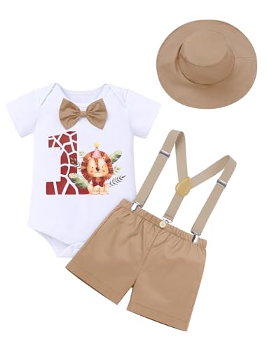 FYMNSI Baby Jungen 1. Erster Geburtstag Outfit Kleinkinder Dschungel 1 Jahr Party Safari Wald Fotoshooting Kurzarm Strampler Body Y-R�cken Hosentr�ger Shorts Hut 4tlg Bekleidungsset Khaki 9-12 Monate von FYMNSI