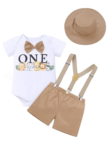 FYMNSI Baby Jungen 1. Erster Geburtstag Outfit Kleinkinder Dschungel 1 Jahr Party Safari Wald Fotoshooting Kurzarm Strampler Body Y-R�cken Hosentr�ger Shorts Hut 4tlg Bekleidungsset Khaki Tier 12-18M von FYMNSI