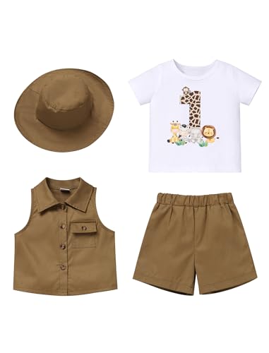 FYMNSI Baby Jungen 1. Erster Geburtstag Outfit Kleinkinder Dschungel 1 Jahr Party Safari Wald Fotoshooting Kurzarm T-shirt Top Shorts Weste Hut 4tlg Bekleidungsset Braun 12-18 Monate von FYMNSI