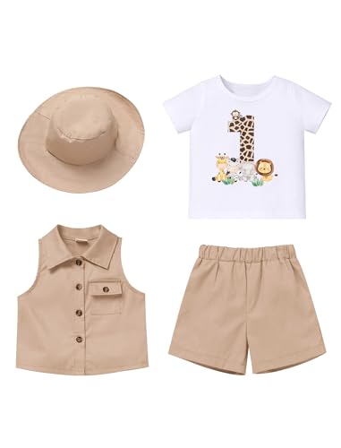 FYMNSI Baby Jungen 1. Erster Geburtstag Outfit Kleinkinder Dschungel 1 Jahr Party Safari Wald Fotoshooting Kurzarm T-shirt Top Shorts Weste Hut 4tlg Bekleidungsset Khaki 9-12 Monate von FYMNSI