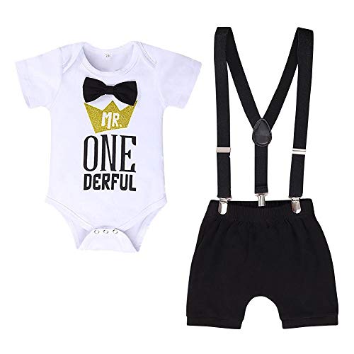 FYMNSI Baby Jungen 1. Geburtstag Outfit Mr. One Derful Baumwolle Kurzarm Strampler Body Hosenträger Shorts Kurzes Hose 3tlg Bekleidungsset Fotoshooting Kostüme Schwarz 12-18 Monate von FYMNSI