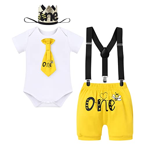 FYMNSI Baby Jungen Biene Erster 1. Geburtstag Outfit Baumwolle Kurzarm Strampler Shorts Hosenträger Stirnband 4tlg Bekleidungsset 1 Jahr Alt Fotoshooting Party Kostüm Sommer Gelb Biene 12-18 Monate von FYMNSI