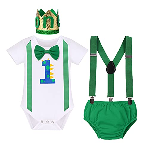 FYMNSI Baby Jungen Dinosaurier Erster 1. Geburtstag Party Outfit Baumwolle Kurzarm Strampler Body Shorts Y-Form Hosenträger Hut 4tlg Bekleidungsset 1 Jahr Fotoshooting Fasching Karneval Kostüm Grün von FYMNSI