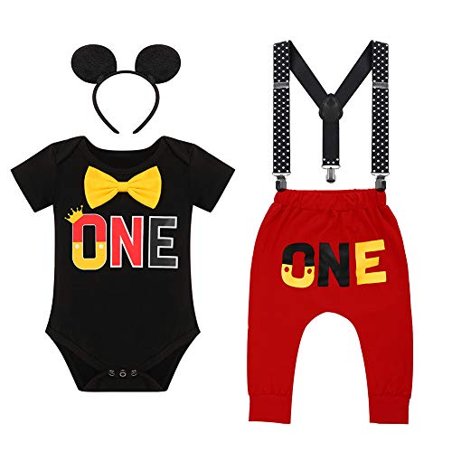 FYMNSI Baby Jungen Erster 1. Geburtstag Fotoshooting Outfit Baumwolle Kurzarm Body Strampler Hosenträger Langes Hose Ohr Stirnband Mickey Maus Kostüme 4tlg Bekleidungsset Schwarz One 12-18 Monate von FYMNSI