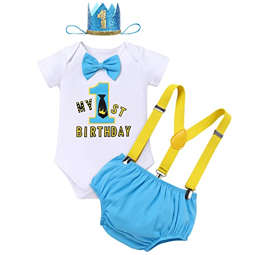 FYMNSI Baby Jungen Erster 1. Geburtstag Outfit Baumwolle Kurzarm Body Strampler Body Hosenträger Shorts Mini Krone Hut Stirnband Fotoshooting Kostüme Party Gentleman Bekleidungsset Hallblau 1 Jahr von FYMNSI