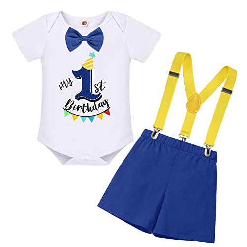 FYMNSI Baby Jungen Erster Geburtstag Cake Smash Outfit Baumowlle Kurzarm Strampler Bodysuit Top mit Shorts Kurzes Hose Hosenträger 3tlg Taufe 1 Jahr Alt Party Fotoshooting Königsblau 12-18 Monate von FYMNSI