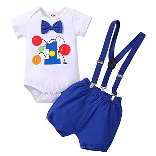 FYMNSI Baby Jungen Fasching Clown Erster 1. Geburtstag Outfit Baumwolle Kurzarm Strampler Body Y-zurück Hosenträger Shorts Bekleidungsset 1 Jahr Alt Karneval Party Fotografie Dunkelblau Clown 12-18M von FYMNSI