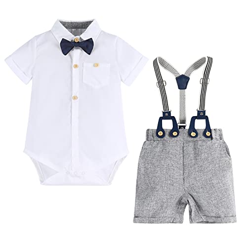 FYMNSI Baby Jungen Gentleman Anzüge Kleinkinder Kurzarm Fliege Shirt Strampler Hosenträger Shorts Overall Festlich Festanzug Taufe Hochzeit Formal Sommer Bekleidungsset Taufanzug Grau 12-18 Monate von FYMNSI