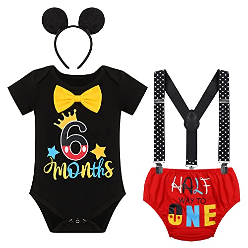 FYMNSI Baby Jungen Halber 1/2. Geburtstag Outfit Baumwolle Kurzarm Body Strampler Hosenträger Shorts Ohr Stirnband Mickey Maus Party Fotoshooting Bekleidungsset Schwarz - Sechs Monate 6-12 Monate von FYMNSI