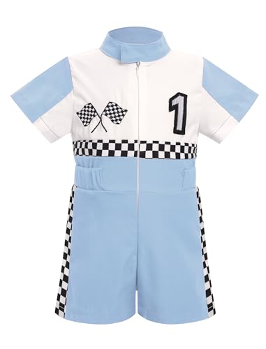 FYMNSI Baby Jungen Mädchen 1. Geburtstag Outfit Rennfahrer Kostüm Kleinkinder Rennanzug Overall Jumpsuit Racer Racing Verkleidung für Fasching Karneval Halloween Party Rollenspiele Blau 9-12 Monate von FYMNSI