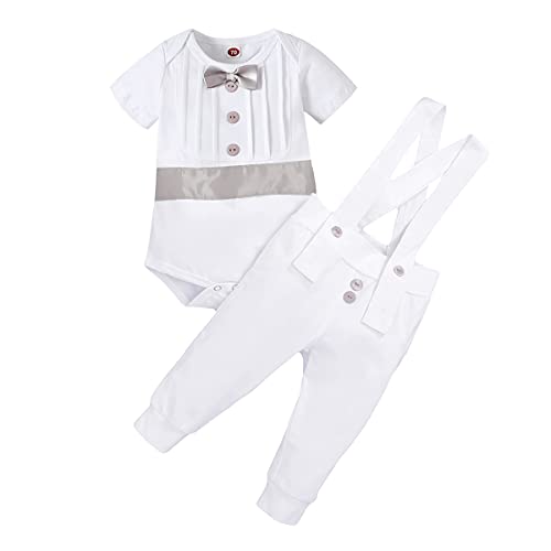 FYMNSI Baby Jungen Taufanzug Taufbekleidung Festanzug Festliche Hochzeit Gentleman Smoking Anzüge Baumwolle Jumpsuit Fliege Kurzarm Body Strampler Hosenträger Hose Bekleidungset Grau 12-18 Monate von FYMNSI