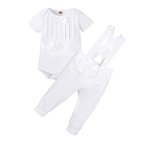 FYMNSI Baby Jungen Taufanzug Taufbekleidung Festanzug Festliche Hochzeit Gentleman Smoking Anzüge Baumwolle Jumpsuit Fliege Kurzarm Body Strampler Hosenträger Hose Bekleidungset Weiß 0-6 Monate von FYMNSI