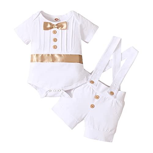 FYMNSI Baby Jungen Taufanzug Taufbekleidung Festanzug Festliche Hochzeit Gentleman Smoking Anzüge Baumwolle Jumpsuit Fliege Kurzarm Body Strampler Hosenträger Shorts Bekleidungset Gold 0-6 Monate von FYMNSI