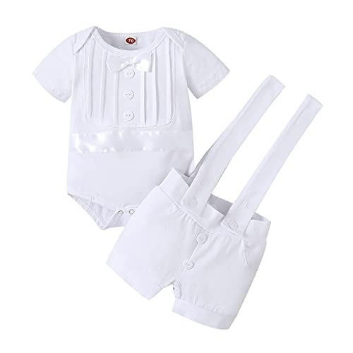 FYMNSI Baby Jungen Taufanzug Taufbekleidung Festanzug Festliche Hochzeit Gentleman Smoking Anzüge Baumwolle Jumpsuit Fliege Langarm Body Strampler Hosenträger Hose 2tlg Bekleidungset Weiß 12-18 Monate von FYMNSI