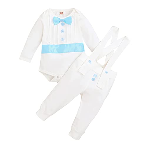 FYMNSI Baby Jungen Taufanzug Taufbekleidung Festanzug Festliche Hochzeit Gentleman Smoking Anzüge Baumwolle Jumpsuit Fliege Langarm Body Strampler Hosenträger Hose 2tlg Bekleidungset Blau 0-6 Monate von FYMNSI