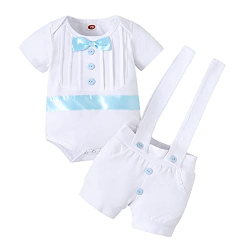 FYMNSI Baby Jungen Taufanzug Taufbekleidung Festanzug Festliche Hochzeit Gentleman Smoking Anzüge Baumwolle Jumpsuit Fliege Langarm Body Strampler Hosenträger Hose 2tlg Bekleidungset Blau 0-6 Monate von FYMNSI