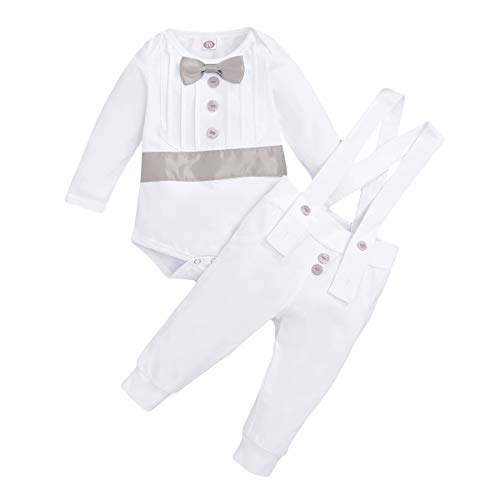 FYMNSI Baby Jungen Taufanzug Taufbekleidung Festanzug Festliche Hochzeit Gentleman Smoking Anzüge Baumwolle Jumpsuit Fliege Langarm Body Strampler Hosenträger Hose 2tlg Bekleidungset Grau 0-6 Monate von FYMNSI