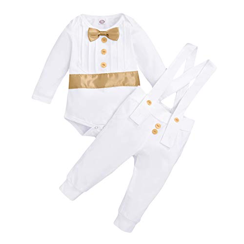 FYMNSI Baby Jungen Taufanzug Taufbekleidung Festanzug Festliche Hochzeit Gentleman Smoking Anzüge Baumwolle Jumpsuit Fliege Langarm Body Strampler Hosenträger Hose Bekleidungset Gold 18-24 Monate von FYMNSI