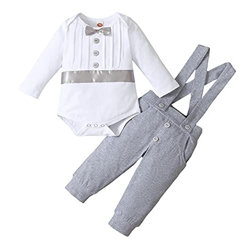 FYMNSI Baby Jungen Taufanzug Taufbekleidung Festanzug Festliche Hochzeit Gentleman Smoking Anzüge Baumwolle Jumpsuit Fliege Langarm Body Strampler Hosenträger Hose Bekleidungset Hellgrau 0-6 Monate von FYMNSI