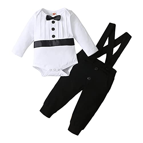 FYMNSI Baby Jungen Taufanzug Taufbekleidung Festanzug Festliche Hochzeit Gentleman Smoking Anzüge Baumwolle Jumpsuit Fliege Langarm Body Strampler Hosenträger Hose Bekleidungset Schwarz 12-18 Monate von FYMNSI