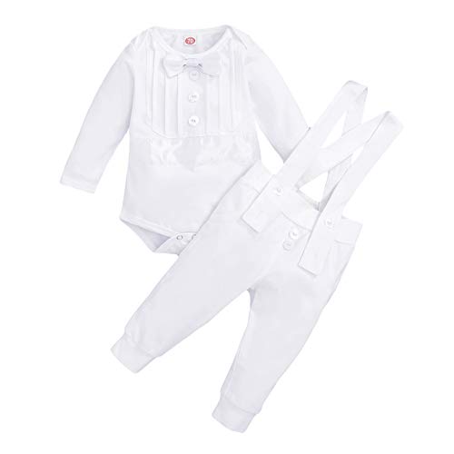 FYMNSI Baby Jungen Taufanzug Taufbekleidung Festanzug Festliche Hochzeit Gentleman Smoking Anzüge Baumwolle Jumpsuit Fliege Langarm Body Strampler Hosenträger Hose 2tlg Bekleidungset Weiß 18-24 Monate von FYMNSI