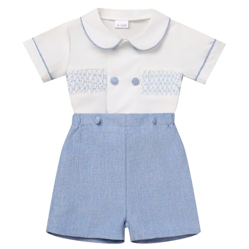 FYMNSI Baby Jungen Taufbekleidung Kleinkind Taufe Anzüge Knopfleiste Kurzarm Shirt Tops Shorts Kurzes Hose 2tlg Gentleman Set Formal Geburtstag Party Outfit Sommer Bekleidungsset Blau 5 Jahre von FYMNSI