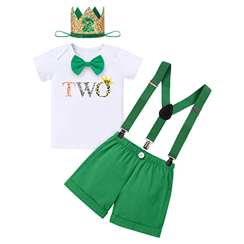 FYMNSI Baby Jungen Wild One Dschungel 2. Zweiter Geburtstag Party Outfit Fliege Baumwolle Kurzarm T-shirt Top Hosenträger Shorts Stirnband Bekleidungsset Safari Wald Fotoshooting Grün - Two 2 Jahre von FYMNSI