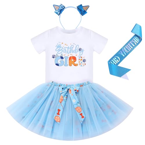 FYMNSI Baby Kinder Mädchen 1. 2. 3. 4. 5. 6. Geburtstag Outfit Kurzarm Top T-shirt Prinzessin Tütü Tüll Rock Stirnband Schärpe Set Partykleid Festliches Fotoshooting Sommer Bekleidungsset Blau 6 Jahre von FYMNSI