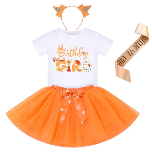 FYMNSI Baby Kinder Mädchen 1. 2. 3. 4. 5. 6. Geburtstag Outfit Kurzarm Top T-shirt Prinzessin Tütü Tüll Rock Stirnband Schärpe Set Partykleid Festliches Fotoshooting Sommer Bekleidungsset Orange 4J von FYMNSI