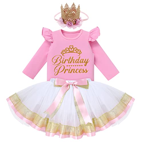 FYMNSI Baby Kinder Mädchen Geburtstag Outfit Baumwolle Langarm Top T-shirt Prinzessin Tutu Tüll Rock Stirnband 3tlg Partykleid Festliches Fotoshooting Herbst Bekleidungsset Rosa + Weiß 12-18 Monate von FYMNSI