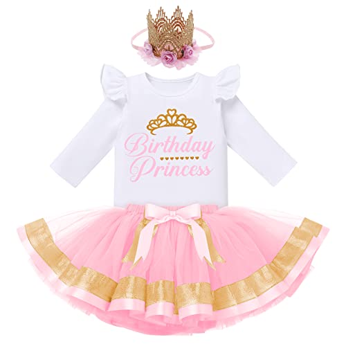 FYMNSI Baby Kinder Mädchen Geburtstag Outfit Baumwolle Langarm Top T-shirt Prinzessin Tutu Tüll Rock Stirnband 3tlg Partykleid Festliches Fotoshooting Herbst Bekleidungsset Rosa 12-18 Monate von FYMNSI