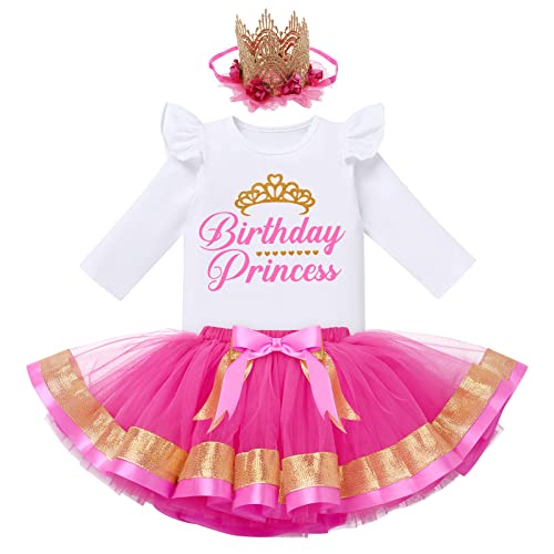 FYMNSI Baby Kinder M?dchen Geburtstag Outfit Baumwolle Langarm Top T-shirt Prinzessin Tutu T?ll Rock Stirnband 3tlg Partykleid Festliches Fotoshooting Herbst Bekleidungsset Rose 12-18 Monate von FYMNSI