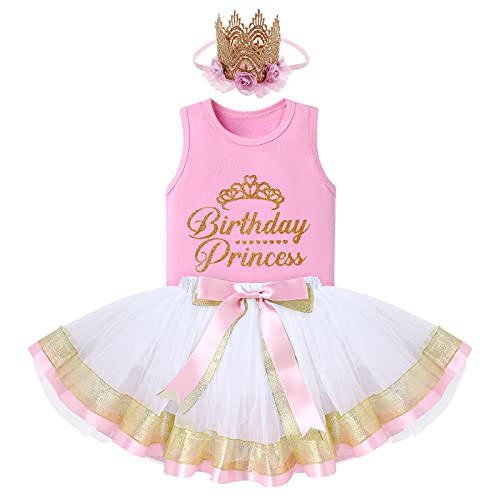 FYMNSI Baby Kinder Mädchen Geburtstag Outfit Baumwolle Weste T-Shirt Tops Prinzessin Tutu Tüll Rock Stirnband 3tlg Partykleid Fotoshooting Bekleidungsset Rosa + Weiß 2-3 Jahre von FYMNSI