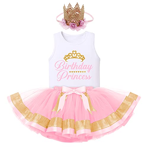 FYMNSI Baby Kinder Mädchen Geburtstag Outfit Baumwolle Weste T-Shirt Tops Prinzessin Tutu Tüll Rock Stirnband 3tlg Partykleid Fotoshooting Bekleidungsset Rosa 12-18 Monate von FYMNSI